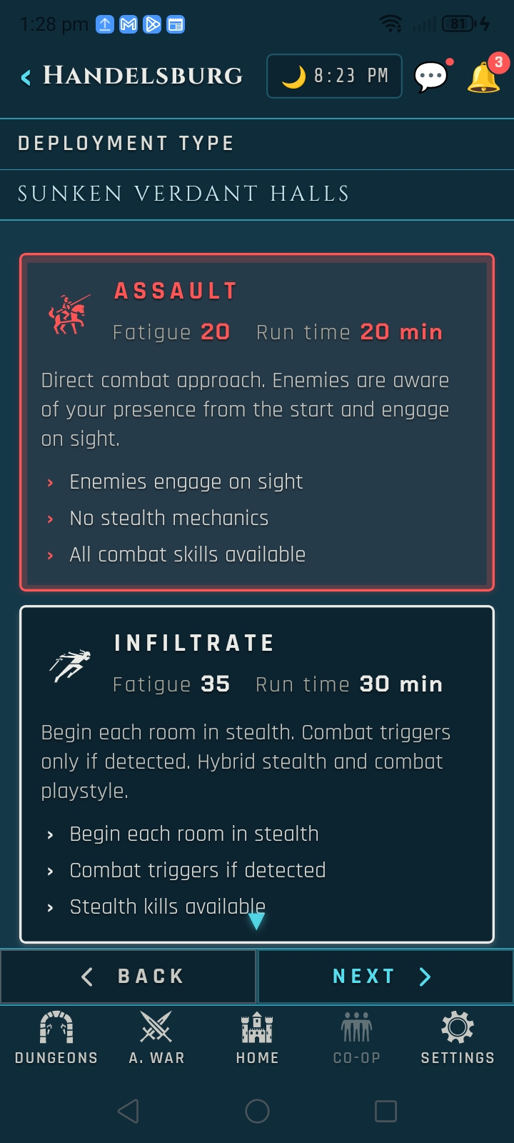 Deployment Type screen offering Assault, Infiltrate, and Ghost postures with their fatigue costs and reward shares.