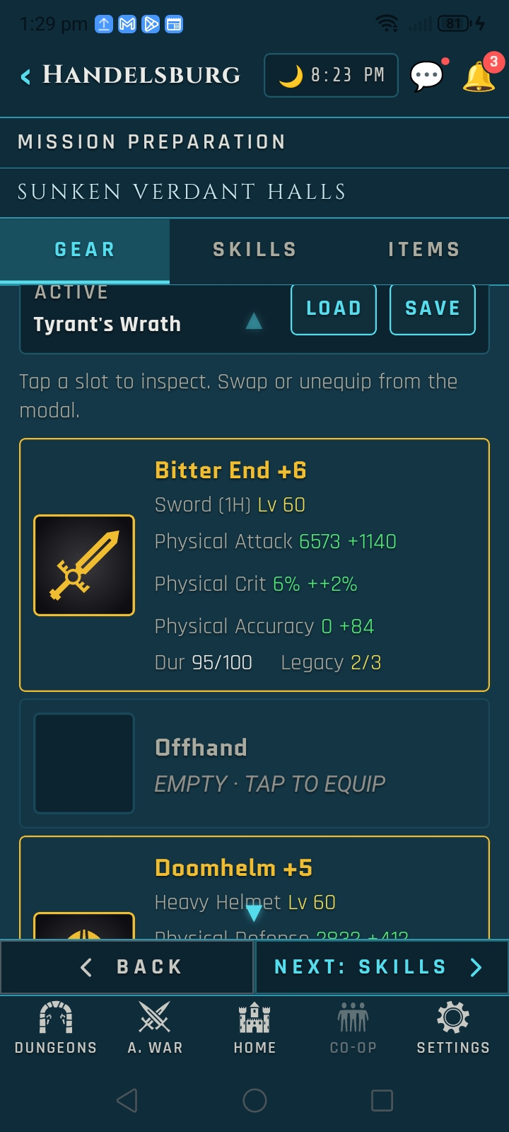 Mission Preparation: Gear tab showing the thirteen equipment slots with tier, reinforcement, and durability for each item.
