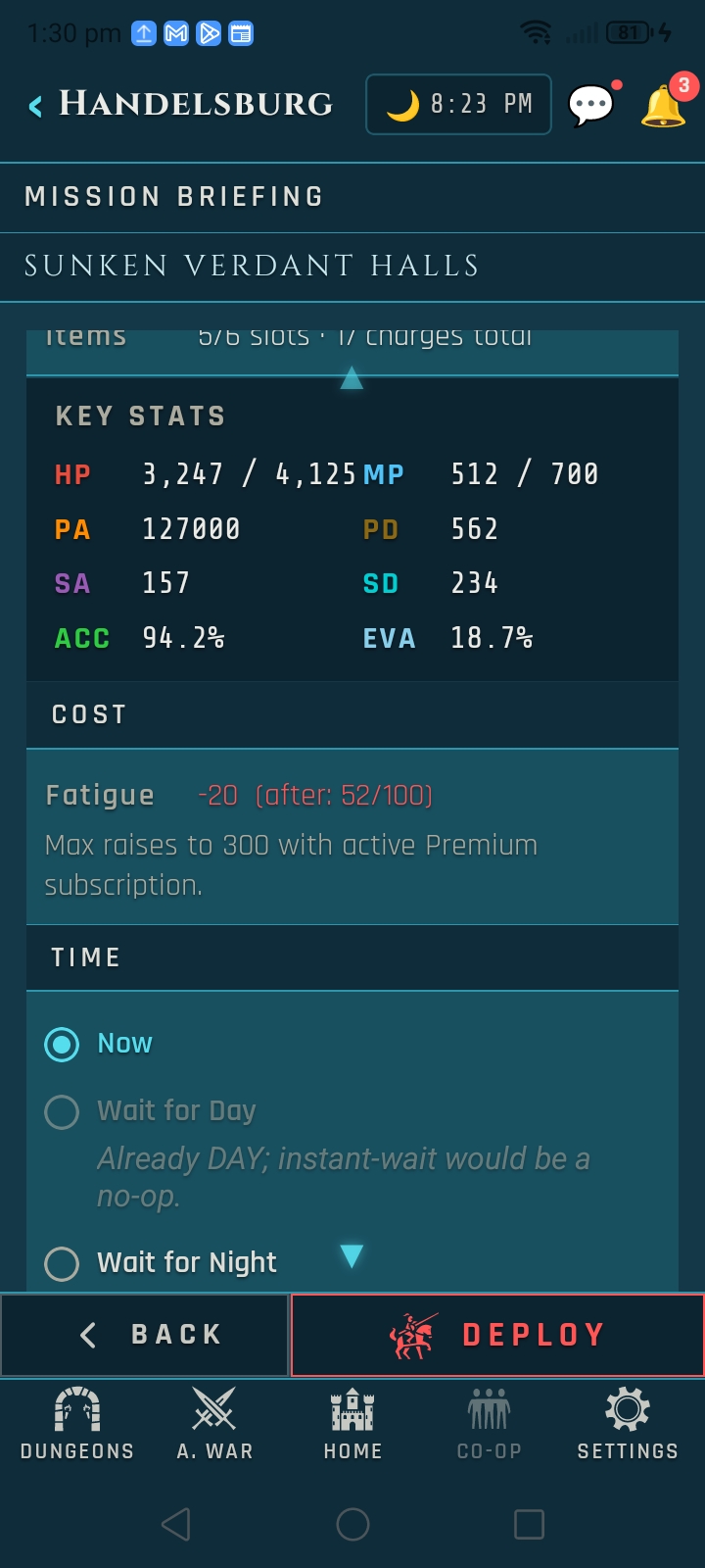 Mission Briefing screen summarising the mission, dungeon, deployment posture, behaviour, loadout, and expected stats before commit.
